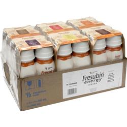 Ein Karton mit vielen Flaschen Fresubin Energy Drink in verschiedenen Geschmacksrichtungen.