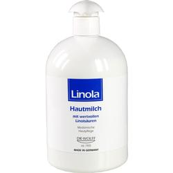 Weiße Flasche mit Spender, darauf steht "Linola Hautmilch" für Hautpflege.